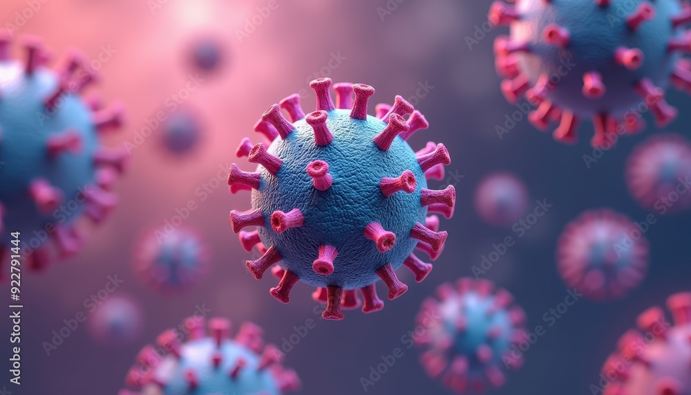 Poster 3d rendering of a virus particle with vibrant colors and detailed structure.
