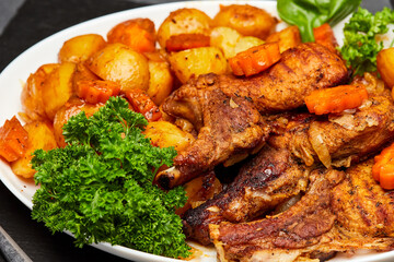 Juicy pork steak on the bone with roasted vegetables, perfect for a hearty meal