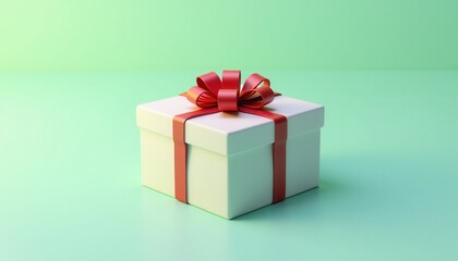 Fototapeta premium A beautifully wrapped present with a red ribbon on a mint green background.