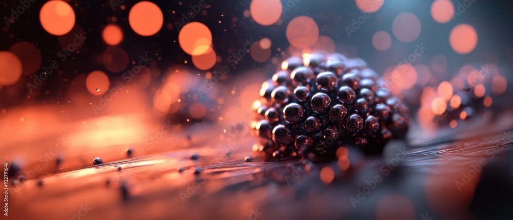 Poster an abstract close-up of metallic spheres with a glowing background, creating a captivating visual wi