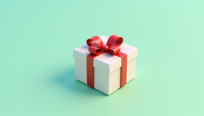 White gift box with a red ribbon and bow on a light green background.