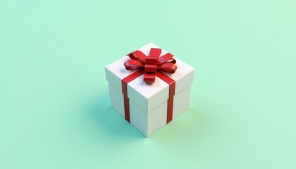 Obraz premium A white gift box with a vibrant red bow and ribbon on a mint green background.