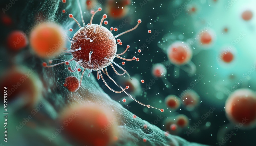 Poster close-up of a colorful virus surrounded by numerous smaller particles, showcasing detailed structure