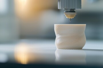 Close-up of a 3D printer creating a detailed white cup with a unique spiral design, showcasing modern manufacturing technology.