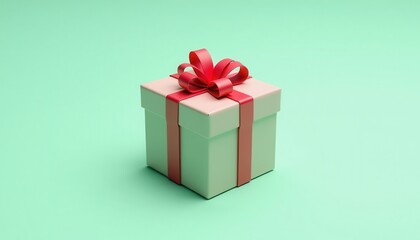 Obraz premium A neatly wrapped gift box with a red ribbon on a pastel green background.