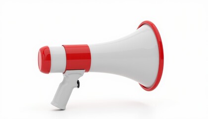 A red and white megaphone is isolated on a plain background.