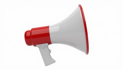 Close-up of a red and white megaphone against a plain white background.