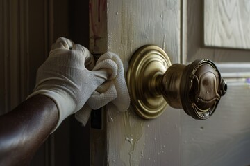 In a hotel, a housemaid wearing protective gloves disinfects the door handle