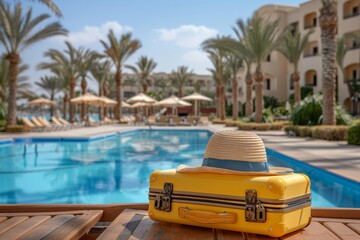 Obraz premium A yellow suitcase with hat is seen on a background of hotel pool area in Egypt as part of a travel, summer holidays, and vacation concept