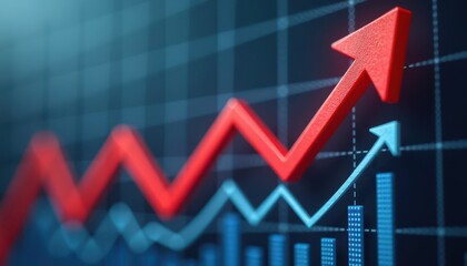 Rising stock market trends depicted with red and blue arrows on financial chart.