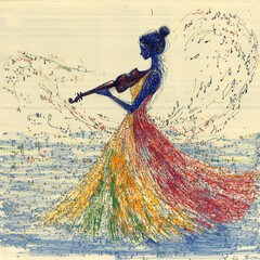 Fototapeta premium Violinist in a Rainbow Dress Surrounded by Swirling Music Notes