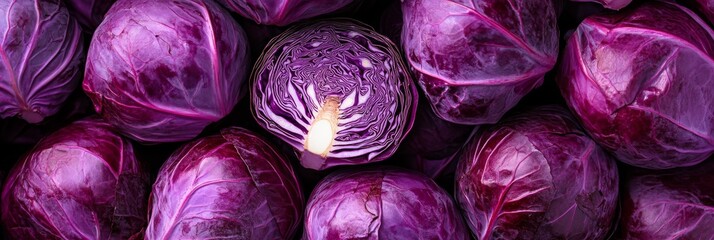 Obraz premium A vibrant and colorful arrangement of fresh purple cabbages, ideal for enhancing salads and gourmet recipes