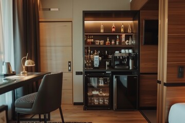 Small black refrigerator under wooden counter in hotel resort bedroom