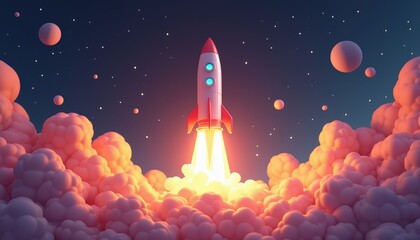 Fototapeta premium Colorful rocket ship launching into space with plumes of smoke and planets in the starry sky.