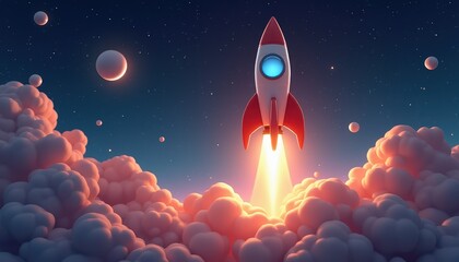 Futuristic rocket ship launching through fluffy clouds into a starry sky with distant planets.