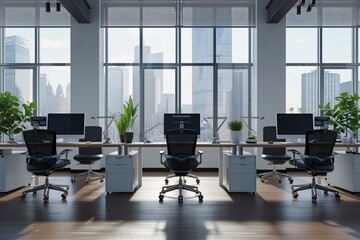 Modern office interior with minimalist workstations, Business Interior Design, work place.