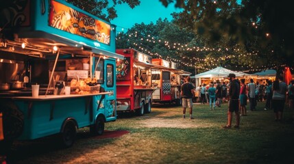 A lively outdoor festival with several food trucks offering diverse cuisines, illuminated by string lights as crowds gather to enjoy the atmosphere.