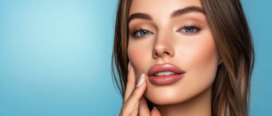 Fototapeta premium Close-up Portrait of a Woman with Blue Eyes and Pink Lipstick