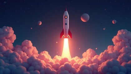 Fototapeta premium A rocket launching into a starry sky surrounded by puffy clouds and glowing light.