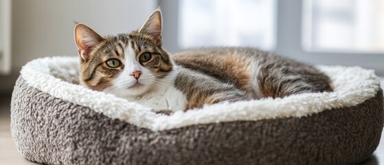 Tabby Cat Relaxing in a Fluffy Bed