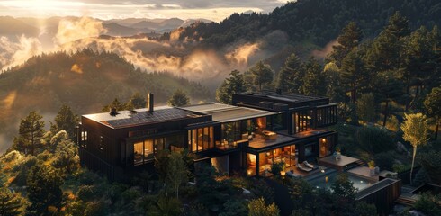 Water solar panels for generating clean ecological electric energy in an expensive and futuristic home. Investing in renewable electricity.