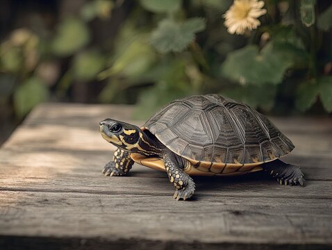 Turtle isolated on wooden background