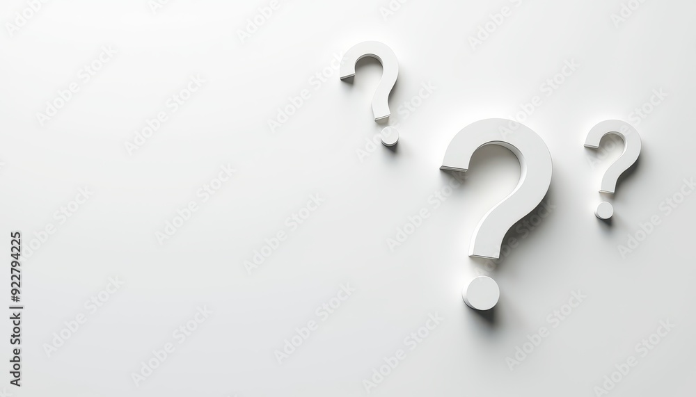 Poster three large white question marks on a minimalistic light background representing curiosity and myste