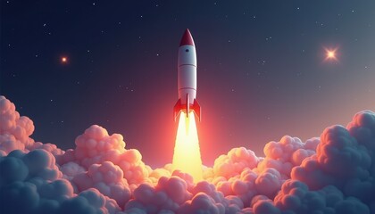 Fototapeta premium A rocket launching into the starry night sky with bright flames and billowing clouds.