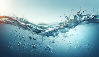 Dynamic water surface with splashing droplets, clear blue tones, serene fluid motion.