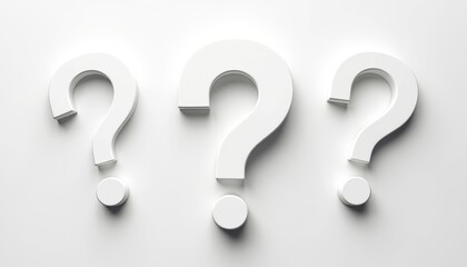 Three large white question marks on a smooth, light grey background.