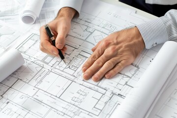 Architect meticulously reviewing and annotating detailed architectural blueprints for a residential development project