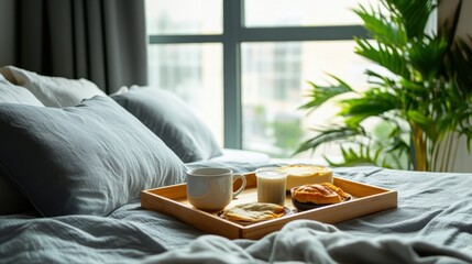 A tray of a bed with food and drinks on it, AI
