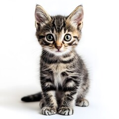 Obraz premium A playful kitten with bright eyes and soft fur, sitting adorably on a white background, capturing the innocence and charm of young pets