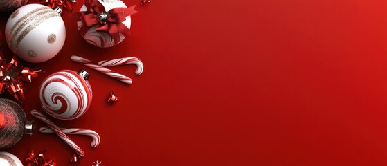 Fototapeta premium Red Christmas Decorations with Candy Canes on Red Background