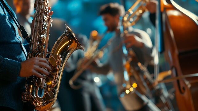 A group of musicians plays jazz, showcasing a saxophone and various brass instruments in a vibrant environment.