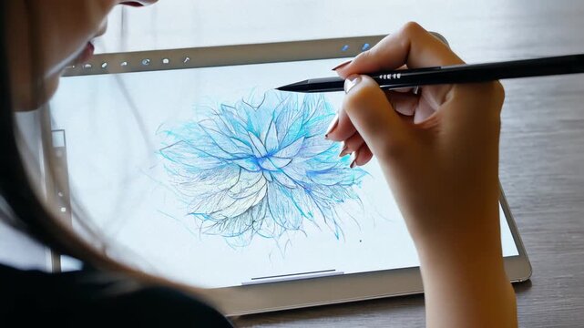 Woman drawing a flower on a tablet.