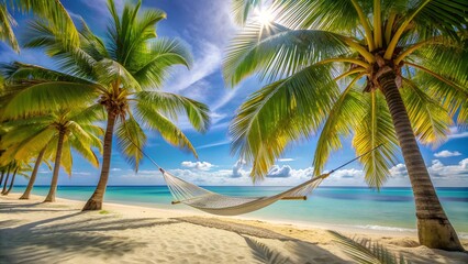 Obraz premium Relaxing hammock between palm trees on a tropical beach