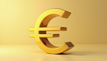 Fototapeta premium Golden Euro symbol on a reflective surface with a muted yellow background.