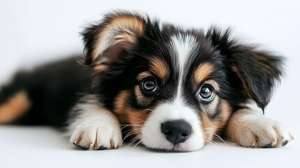 A fluffy puppy lying down on a white background, with its head tilted and ears perked up, exuding cuteness and curiosity