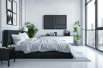 An interior rendering of a modern luxury bedroom suite at night featuring a cozy design