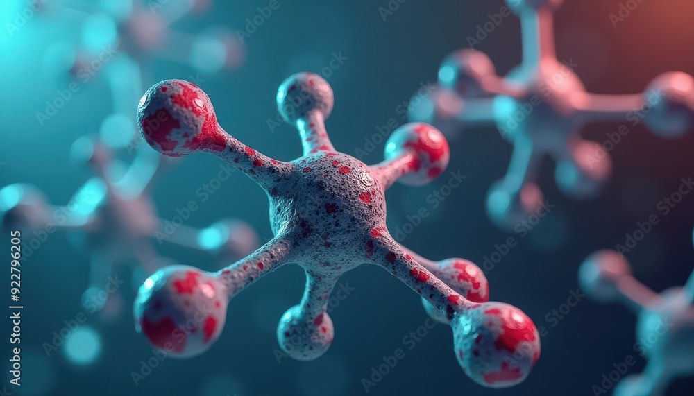 Poster close-up of conceptual 3d molecular structures in a blue and red gradient background.