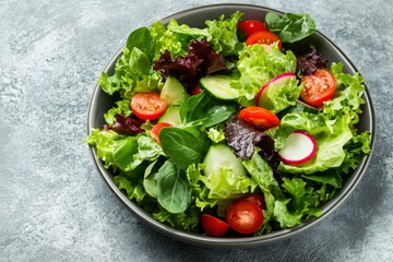 Green vegan salad from green leaves mix and vegetables. Top view on gray stone table. - generative ai