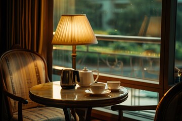 A white tea cup and coffee cup sit on the table by a sofa couch in the hotel room, and there's a kettle nearby