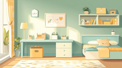 A bedroom with a desk, bed and bookshelf in it, AI