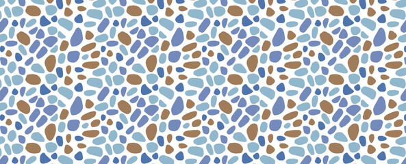 Round stone mosaic pattern. Blue pebbles on white. Abstract vector seamless background with blue and brown rounded elements. For interior, travel, beauty and spa, textile design