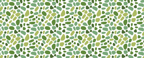 Round stone mosaic pattern. Green pebbles on white. Abstract vector seamless background with green and light green rounded elements. For interior, travel, beauty and spa, textile design