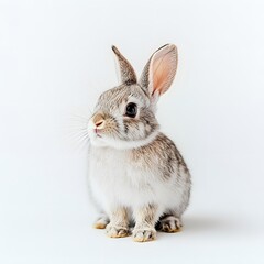 Obraz premium A small, curious rabbit with its ears up, positioned on a white background, showcasing its gentle nature and adorable features 