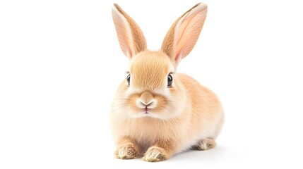 A small, curious rabbit with its ears up, positioned on a white background, showcasing its gentle nature and adorable features 