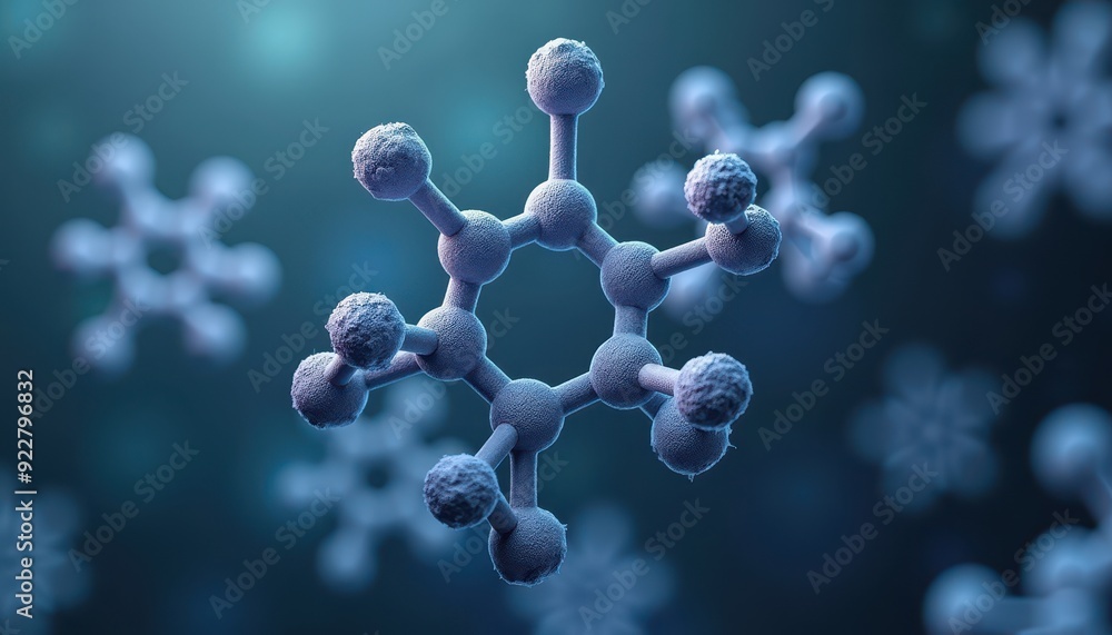 Poster close-up of a molecular structure with interconnected atoms in a scientific representation.