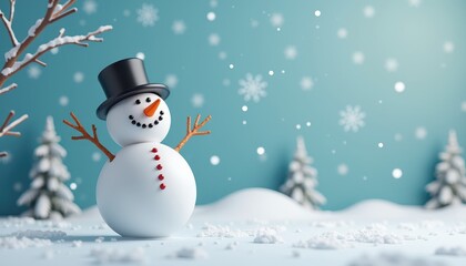Cheerful snowman with a black top hat, a carrot nose, and button eyes standing in a winter wonderland.